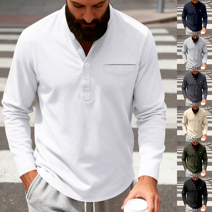 Herren nan langärmeliges Henley-Shirt mit Stehkragen, Brusttasche und dekorativer Knopfleiste Echo Archiv
