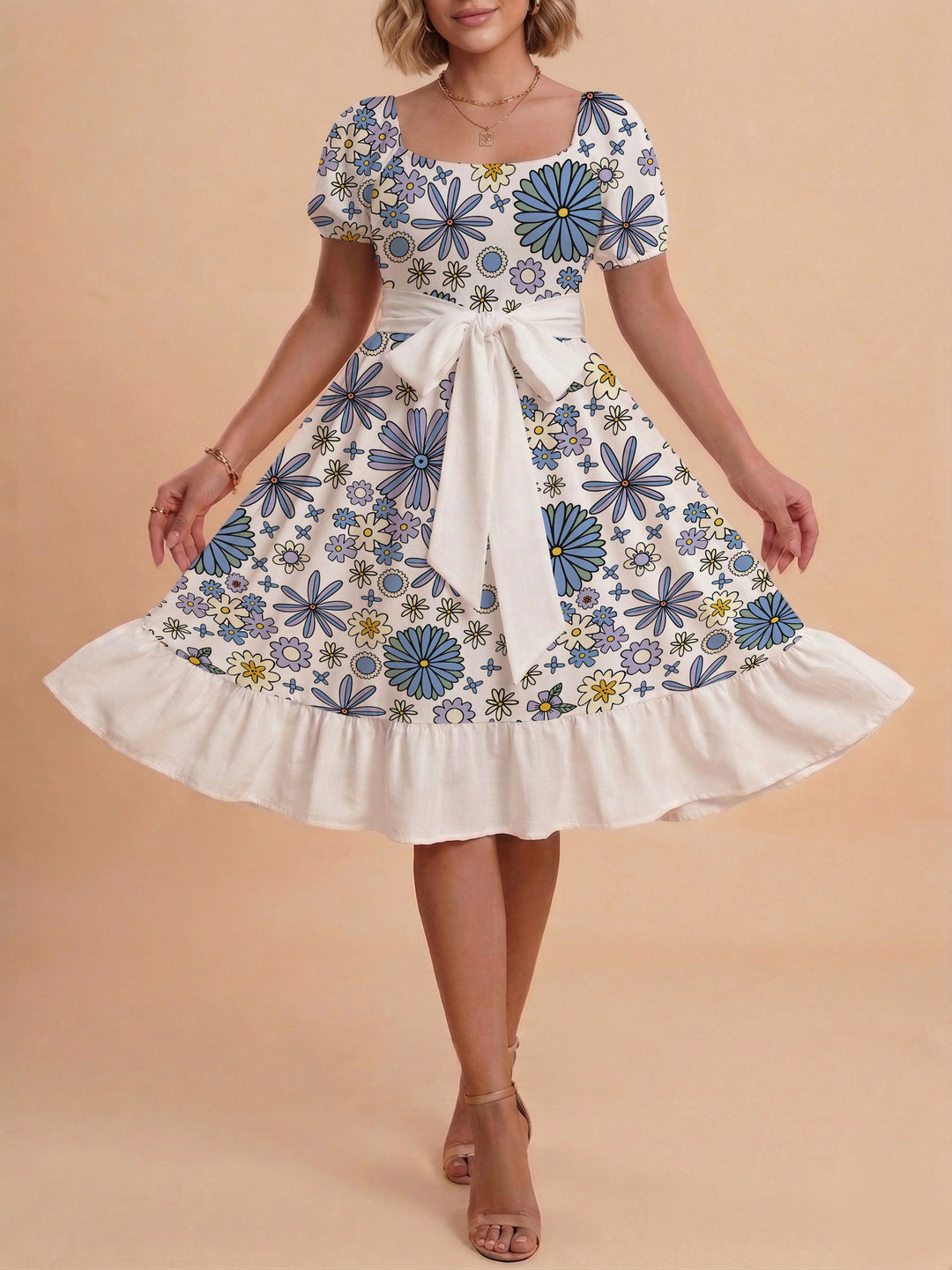 Damen Blumenkleid mit taillierbarem Gürtel und voluminösen Ärmeln Echo Archiv