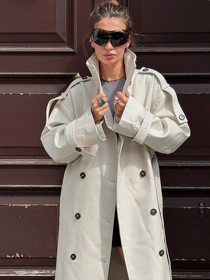 Damen tailloser Long-Trenchcoat im Oversize-Schnitt mit doppelter Knopfleiste und Schulterklappen Echoarchiv