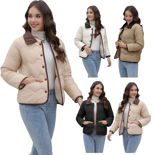 Damen Gequiltete Steppjacke mit Samtkragen und geschwungener Wellensteppung – Célinea