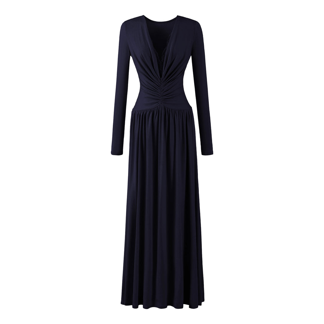 Damen Maxikleid mit gerafftem Wickeloberteil, tiefem V‑Ausschnitt und Spitzenbesatz Echoarchiv