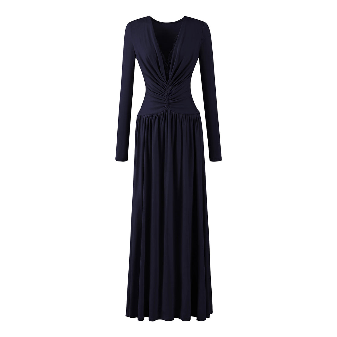Damen Maxikleid mit gerafftem Wickeloberteil, tiefem V‑Ausschnitt und Spitzenbesatz Echoarchiv