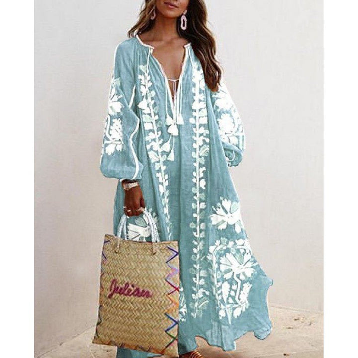 Damen Besticktes Boho-Maxikleid mit Ballonärmeln und Quastenverschluss – Valéora