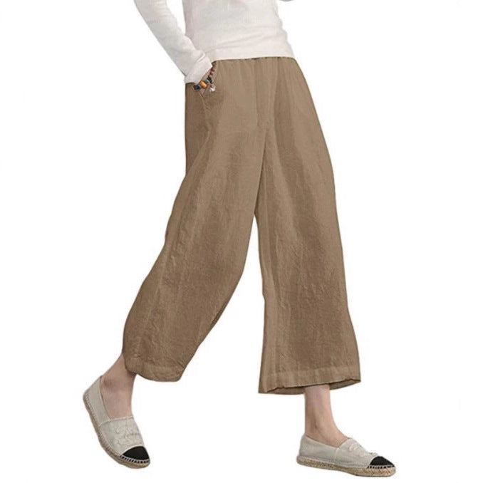 Damen weite Leinenhose mit seitlichen Taschen und elastischem Bund Echoarchiv