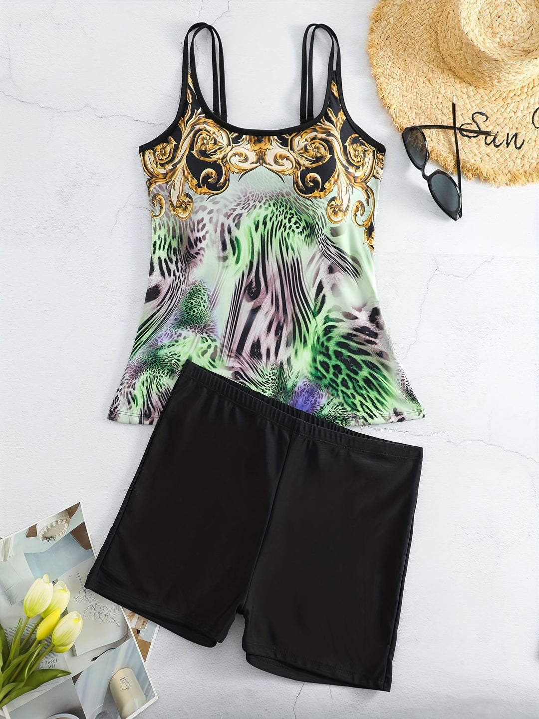 Damen Sportliches Tankini-Set mit modischem Animal-Print und Boxershorts Echo Archiv