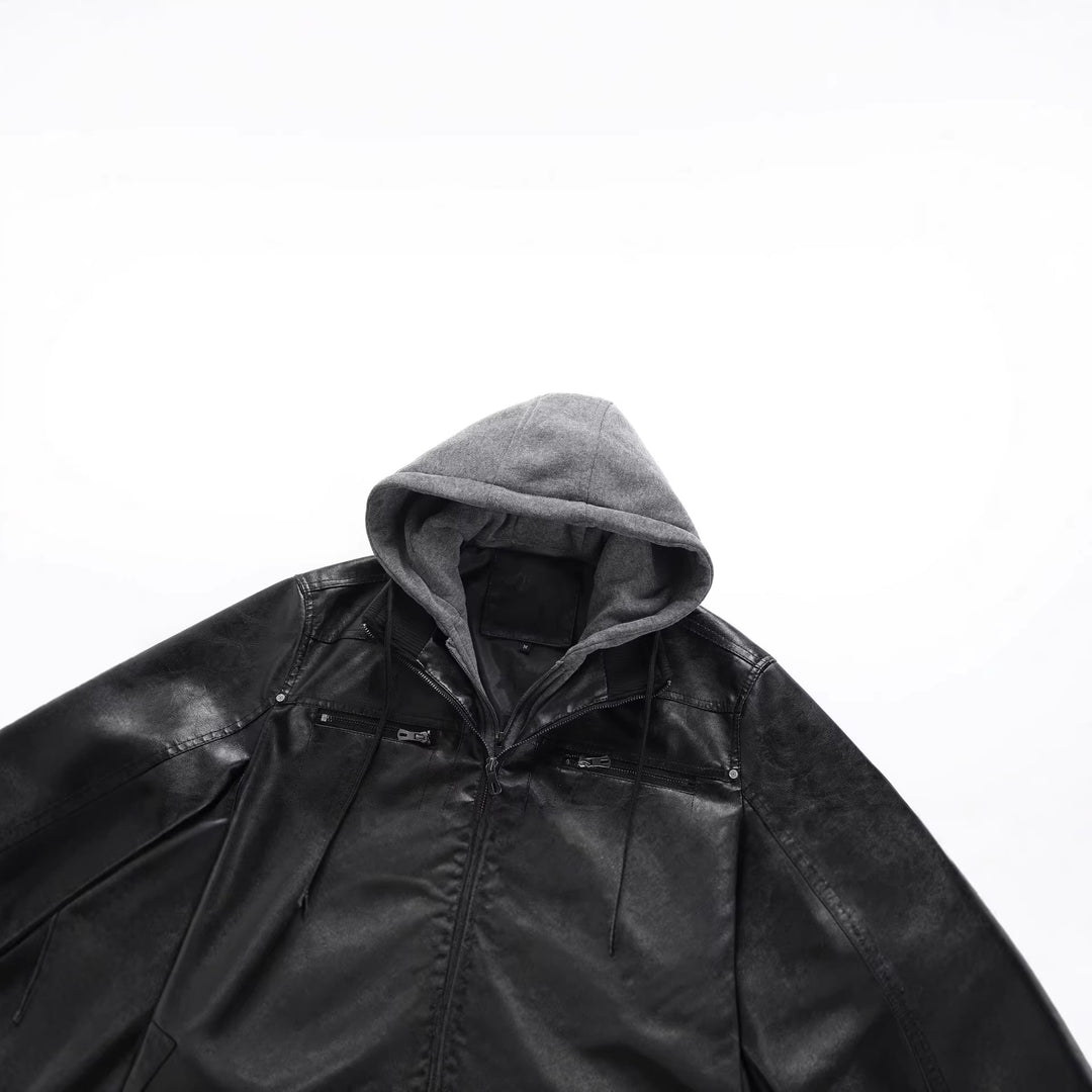 Herren Modische Kunstlederjacke mit abnehmbarer Kapuze Echo Archiv