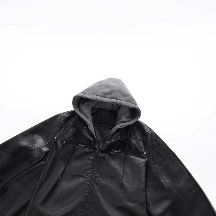 Herren Modische Kunstlederjacke mit abnehmbarer Kapuze Echo Archiv