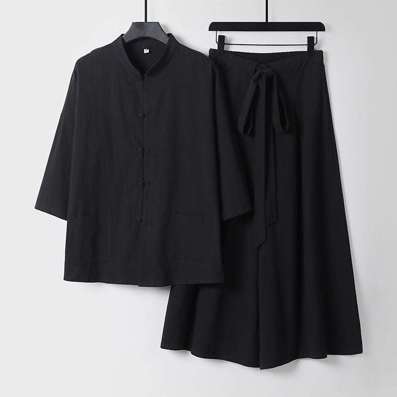 Damen Zweiteiliges Leichtes Lounge-Set mit Stehkragen, Kurzarm-Jacke und weitem Palazzo-Hosenrock Echoarchiv