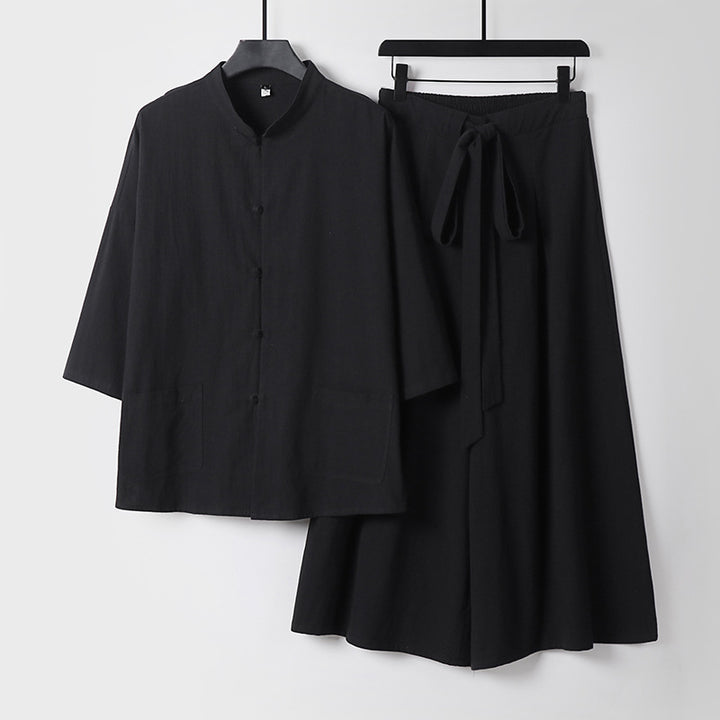 Damen Zweiteiliges Leichtes Lounge-Set mit Stehkragen, Kurzarm-Jacke und weitem Palazzo-Hosenrock Echoarchiv
