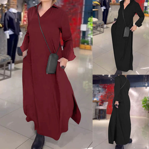 Damen Fließendes Maxikleid mit Stehkragen‑V‑Ausschnitt, langen Ärmeln und seitlichen Eingrifftaschen – Valéora