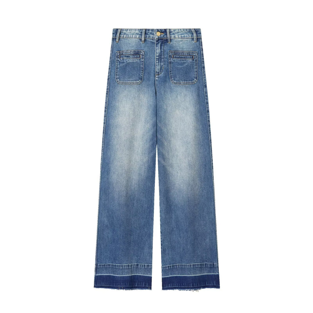 Damen Weite High‑Waist Cropped Denim-Jeans mit aufgesetzten Taschen und rohem Saum Echoarchiv