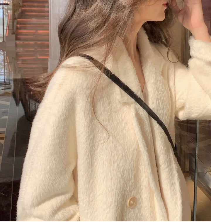 Damen Modischer und eleganter Bouclé-Mantel mit doppelter Knopfleiste Echoarchiv