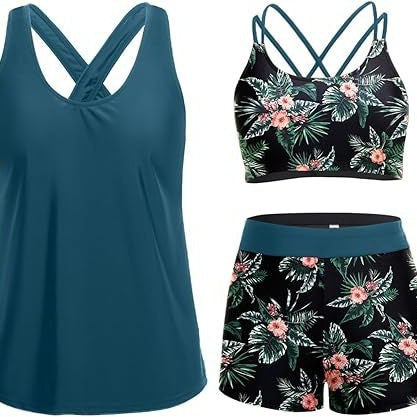 Damen Sportliches Tankini-Set mit floralem Oberteil und Shorts Echoarchiv