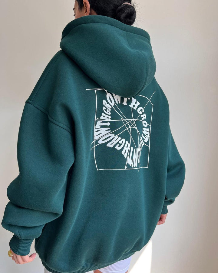 Damen Oversized Kapuzenpullover mit abstraktem Rückenprint und gerippten Bündchen Echoarchiv