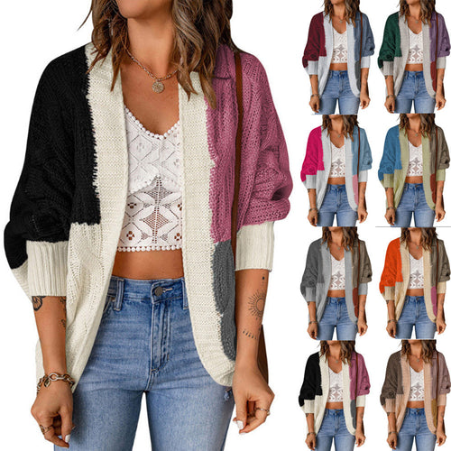 Damen nan lässige Strickjacke im Patchwork-Stil mit offener Front und 3/4-Ärmeln Echo Archiv