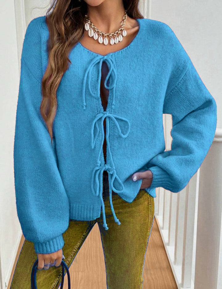 Damen Kurzcardigan mit Bindebändern, Oversize‑Silhouette und Ballonärmeln – Veloura