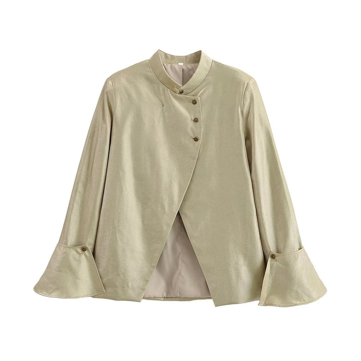 Damen Glänzende A-Linien-Jacke mit asymmetrischer Knopfleiste und Glockenärmeln Echo Archiv