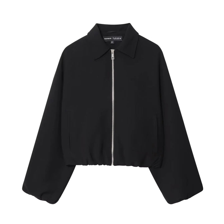 Damen cropped Blousonjacke mit Hemdkragen, verdecktem Metallreißverschluss und elastischem Saum – Célinea