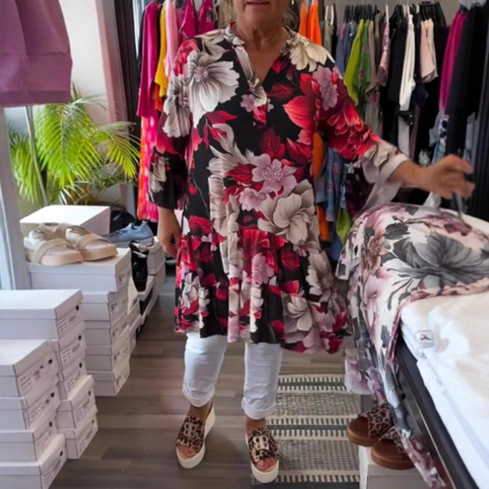 Damen nan schwingendes Tunika-Kleid im Babydoll-Stil mit V-Ausschnitt und Stufenvolants Echo Archiv