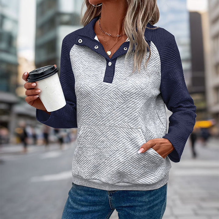 Damen Stepp-Sweatshirt mit Henley-Knopfleiste, Kängurutasche und kontrastierenden Raglanärmeln Echoarchiv