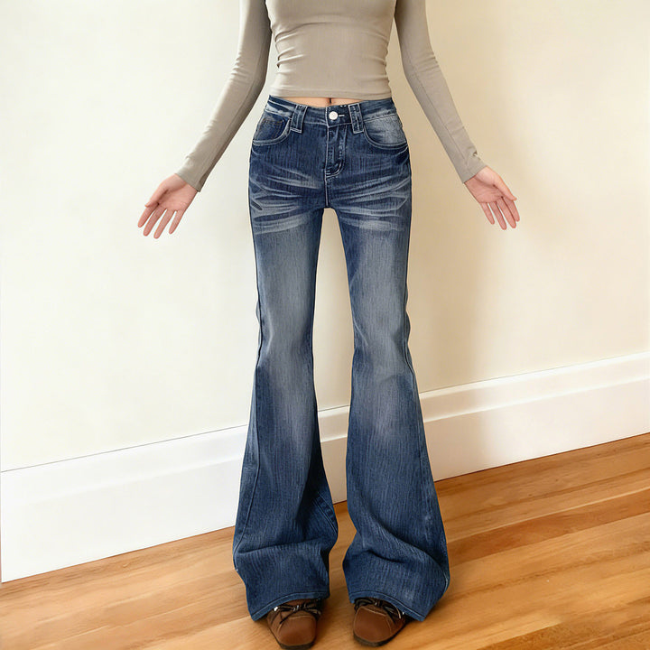 Damen Hochtaillierte Flared-Jeans mit Used-Waschung und Five-Pocket Echo Archiv