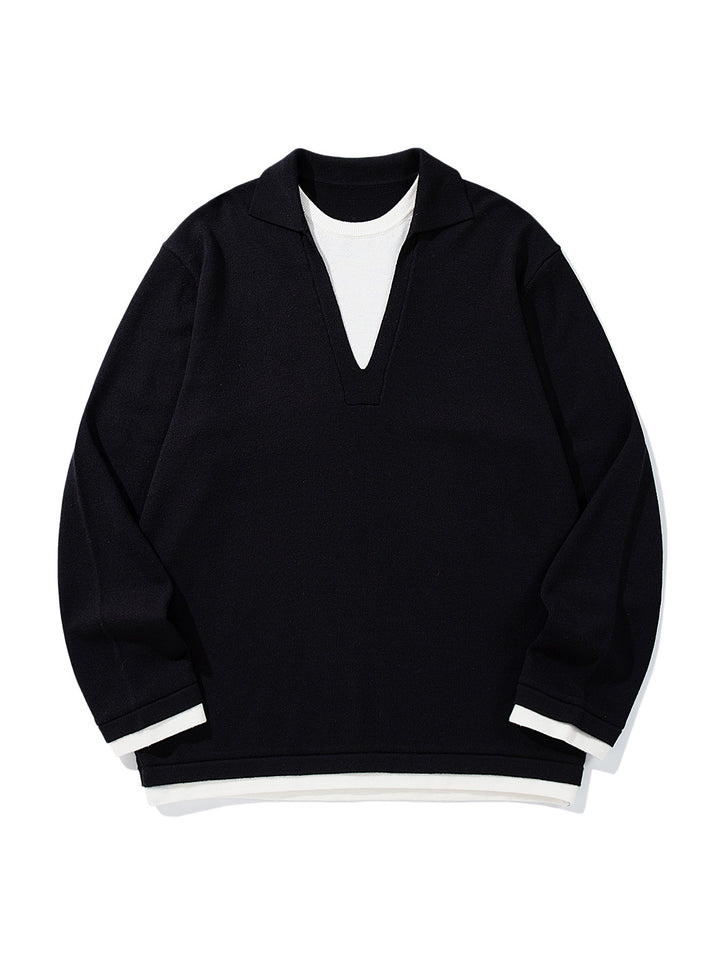 Unisex Lässiger Oversize Strickpullover mit tiefem V Einsatz und Hemd‑Layer Optik Echoarchiv