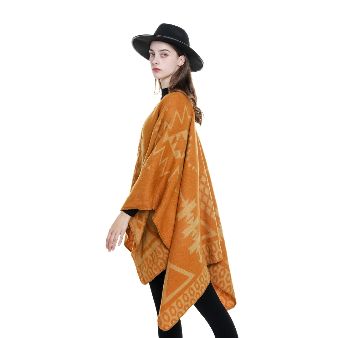 Damen Ruana‑Poncho im Oversize mit Kaschmir‑Touch, geometrischem Jacquard und offener Kimono‑Silhouette – Célinea