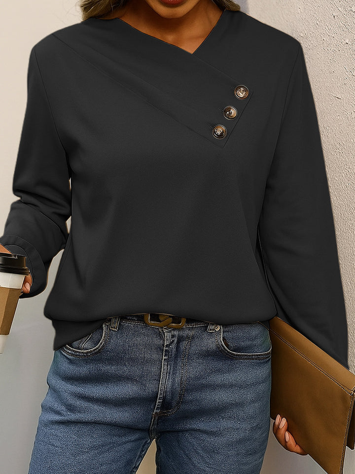 Damen Asymmetrische V-Ausschnitt Bluse mit Zierknopfleiste und Langarm – Élovi