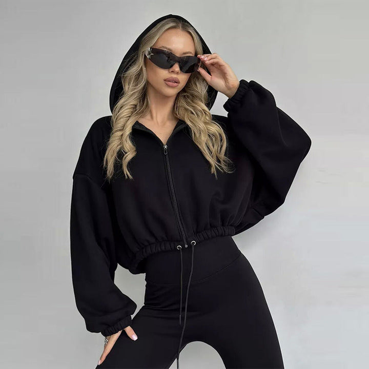 Damen Sportlicher Cropped Hoodie mit Reißverschluss und Kordelzug Echoarchiv