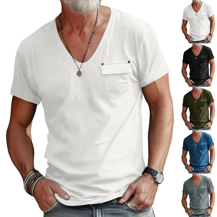 Herren V-Ausschnitt T-Shirt mit dekorativer Brusttasche und attraktiver Struktur Echoarchiv