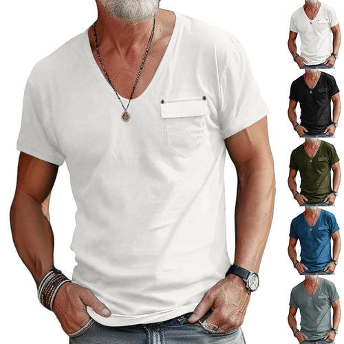 Herren V-Ausschnitt T-Shirt mit dekorativer Brusttasche und attraktiver Struktur Echoarchiv