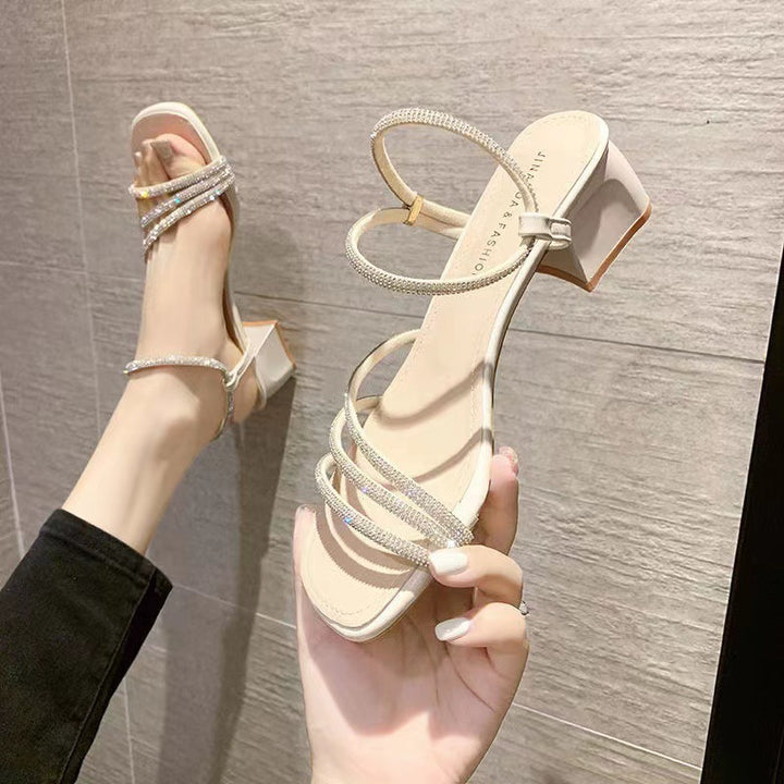 Damen Elegante Strass‑Riemchen Sandaletten mit quadratischer Zehenbox und stabilem Blockabsatz – Sorelia