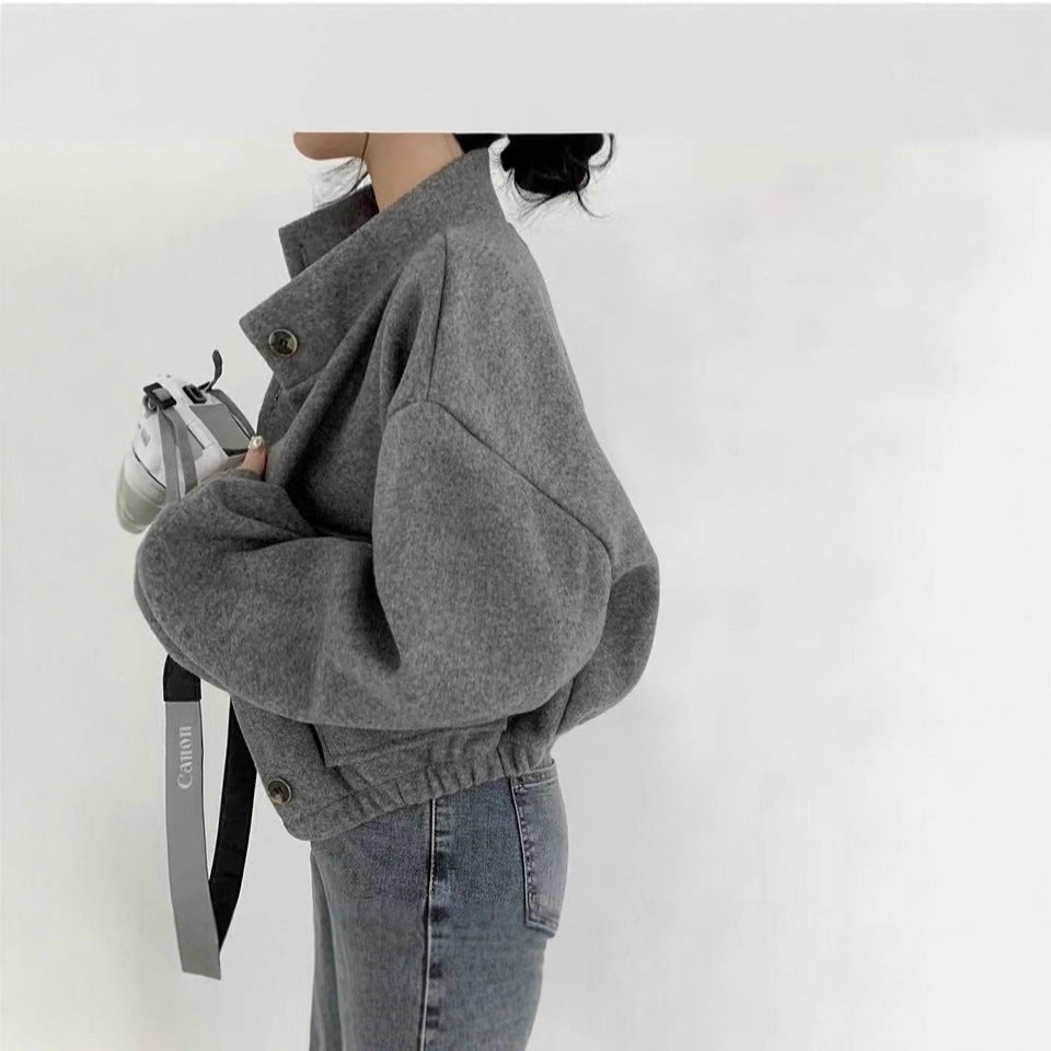 Damen Kurze Oversize-Wolloptik-Jacke mit Stehkragen und Ballonärmeln – Célinea