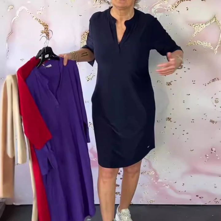 Damen nan knielanges legeres Jerseykleid mit Stehkragen und V-Ausschnitt Echo Archiv