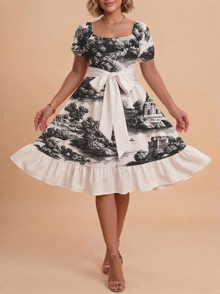 Damen Retro Maxikleid mit Puffärmeln und Taillengürtel Echo Archiv