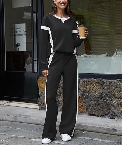 Damen sportives Lounge-Set mit weitem Sweatshirt, Palazzohose und seitlichen Kontraststreifen – Avérine