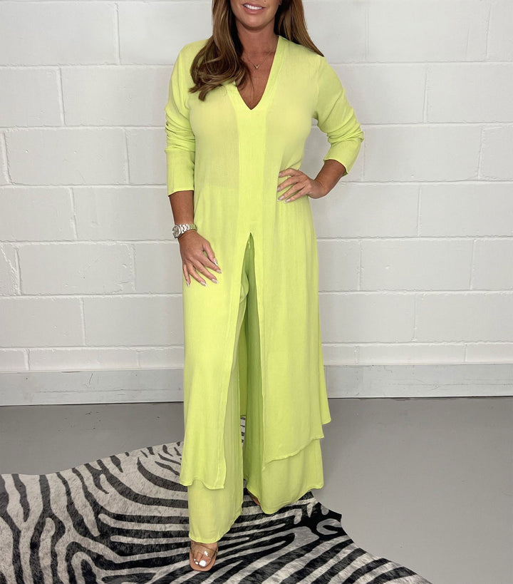 Damen Langes V‑Ausschnitt Tunika‑Kleid mit Frontschlitz und weiter Palazzohose Echoarchiv