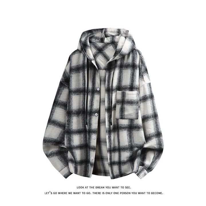 Unisex nan oversized Kapuzen-Hemdjacke aus Flanell mit Karomuster und Brusttasche Echo Archiv