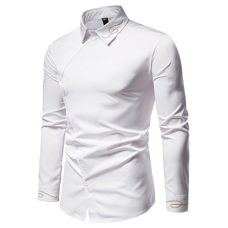 Herren Elegantes Langarmhemd mit asymmetrischem Knopfdesign und gesticktem Kragen Echoarchiv