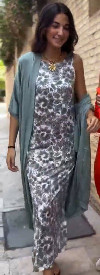 Damen Lange Wickel-Kaftankleid mit ärmellosem Unterkleid und fließendem Overshirt Echoarchiv