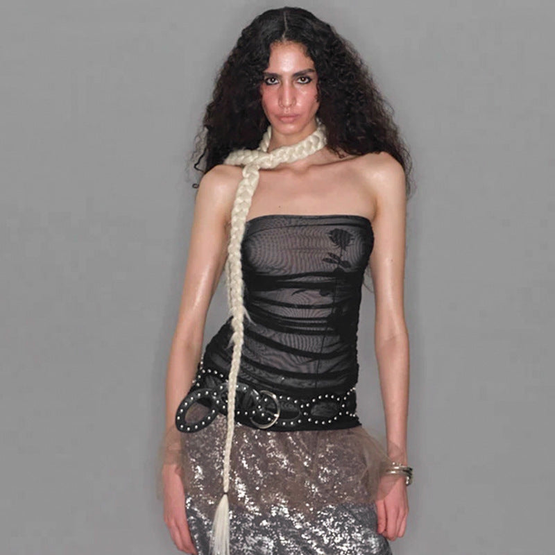 Damen Bandeau-Top mit Raffung und transparentem Stoff Echo Archiv