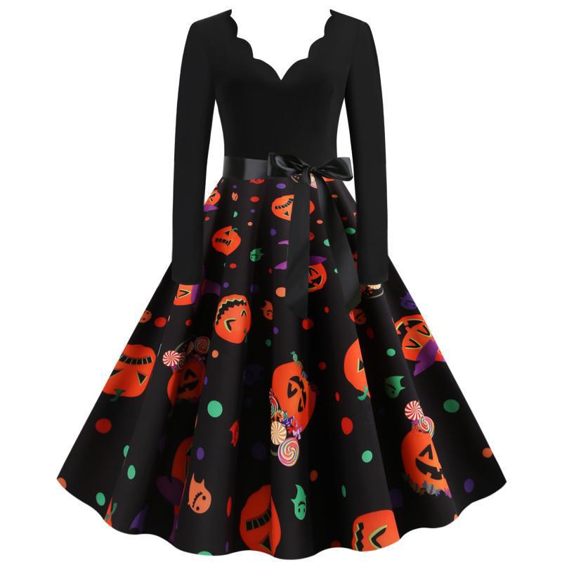 Damen Retro-Festliches Halloween-Kleid mit gewelltem Ausschnitt, taillierter Schnitt und weichem Tellerrock – Élara