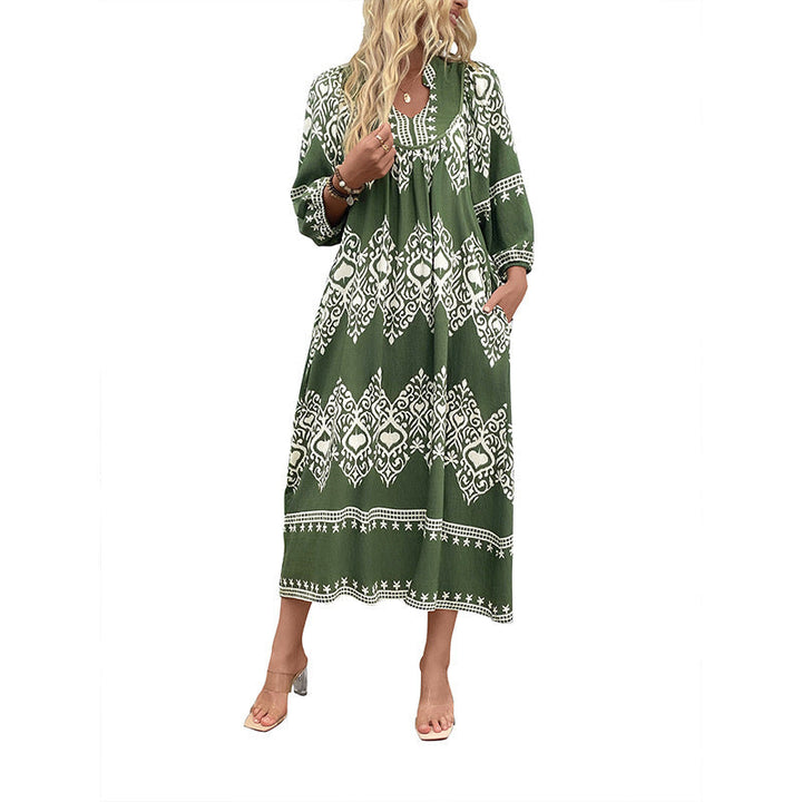 Damen Langes Boho‑Maxikleid mit lockerer A‑Linie, U‑Ausschnitt und aufgesetzten Taschen Echoarchiv