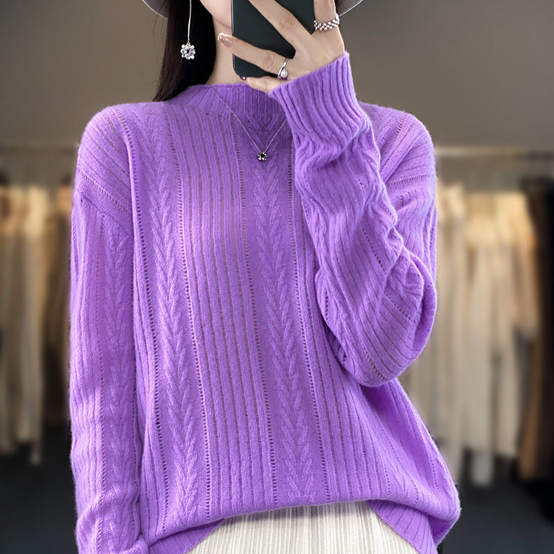 Damen Kaschmirähnlicher Feinstrick-Mockneckpullover mit Ajour‑Zopfmuster und lässiger Oversize‑Passform Echoarchiv