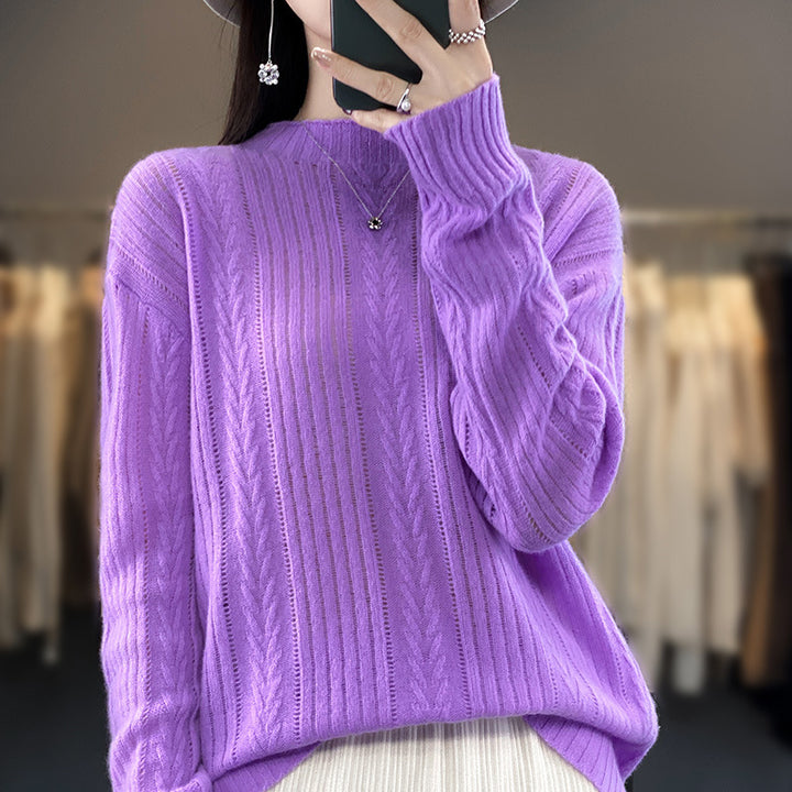 Damen Kaschmirähnlicher Feinstrick-Mockneckpullover mit Ajour‑Zopfmuster und lässiger Oversize‑Passform Echoarchiv