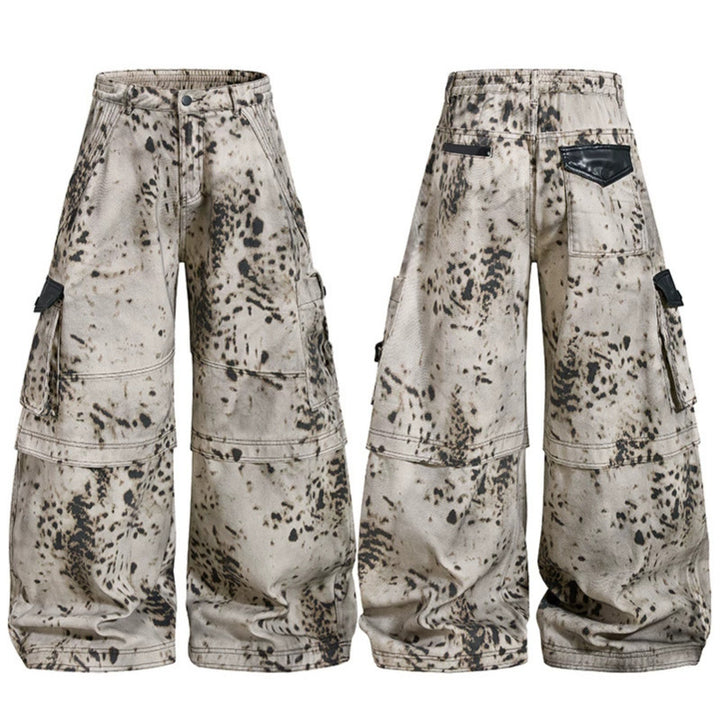 Damen weite Cargo-Culotte-Hose mit Batik-Splatterprint und Multi-Taschen Echoarchiv