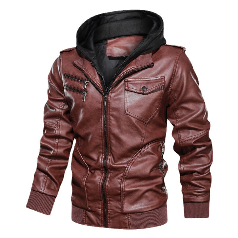 Herren Lederoptik Kapuzenjacke im Bikerstil mit Reißverschlusstaschen und Rippbündchen – Taviero