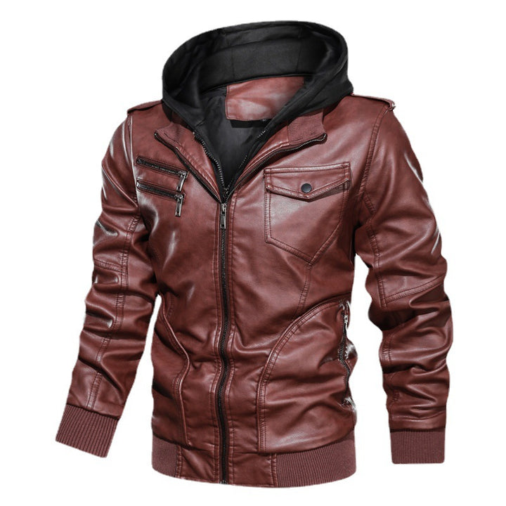 Herren Lederoptik Kapuzenjacke im Bikerstil mit Reißverschlusstaschen und Rippbündchen – Taviero