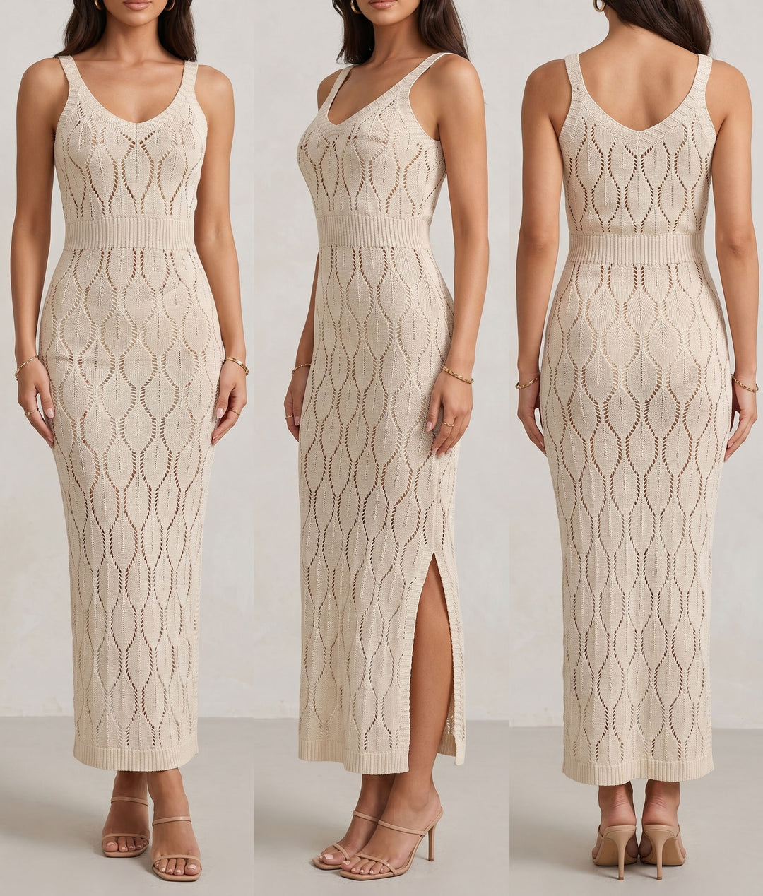 Damen elegantes Strick-Maxikleid mit seitlichen Schlitzen Echo Archiv