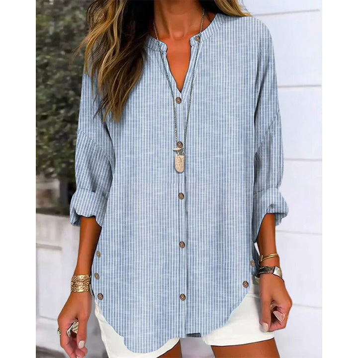 Damen Oversize Leinenlook Tunika Bluse mit Stehkragen und Knopfleiste – Élovi
